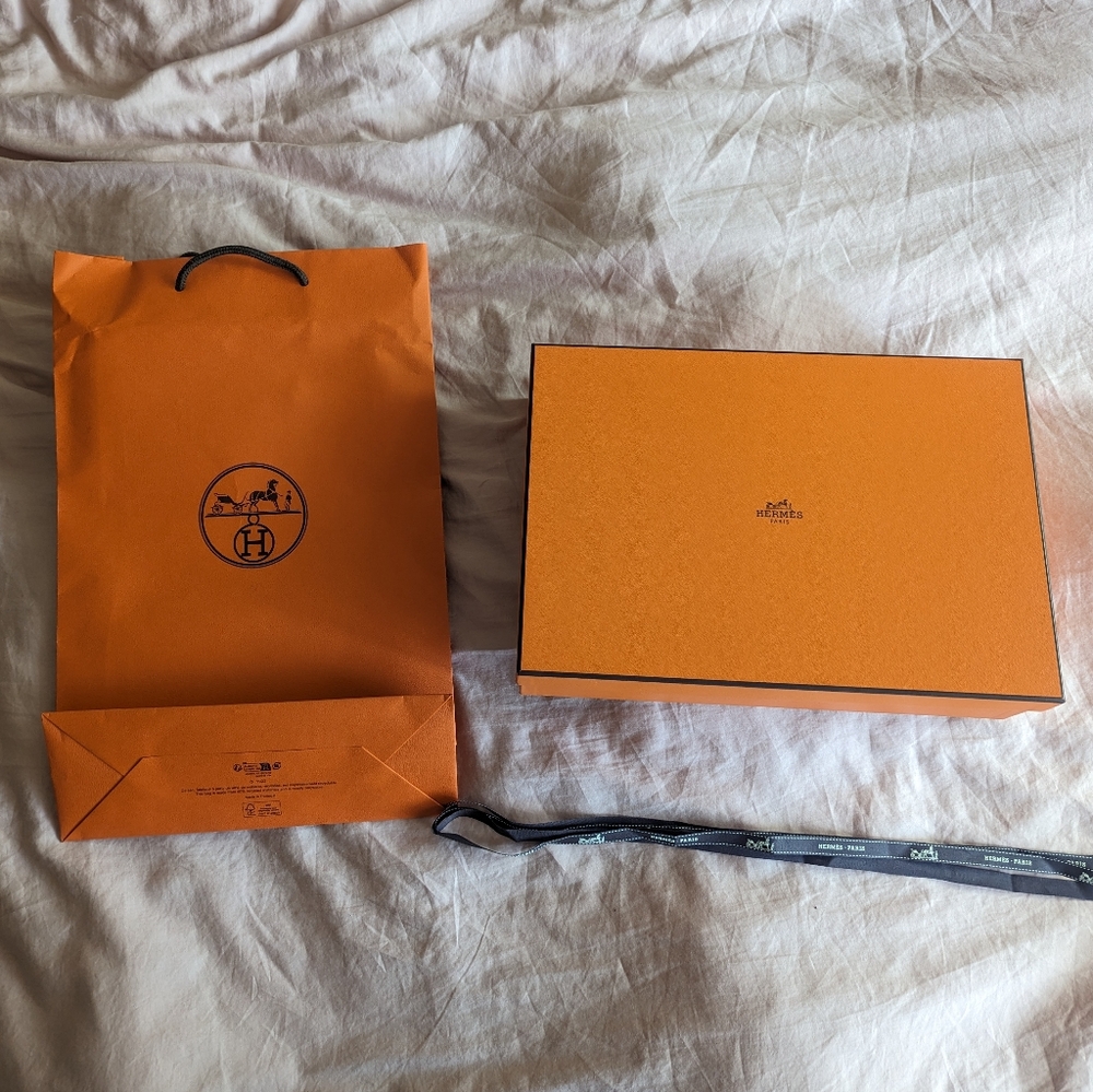 Hermes Orange Empty Shoebox HxWxL 3” x 9” x 13, Shopping Bag And Ribbon